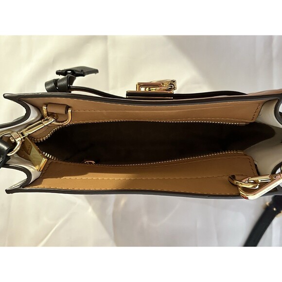 Michael Kors Hamilton Traveler Tan Blk & White Leather Messenger Crossbody Purse - Picture 9 of 16